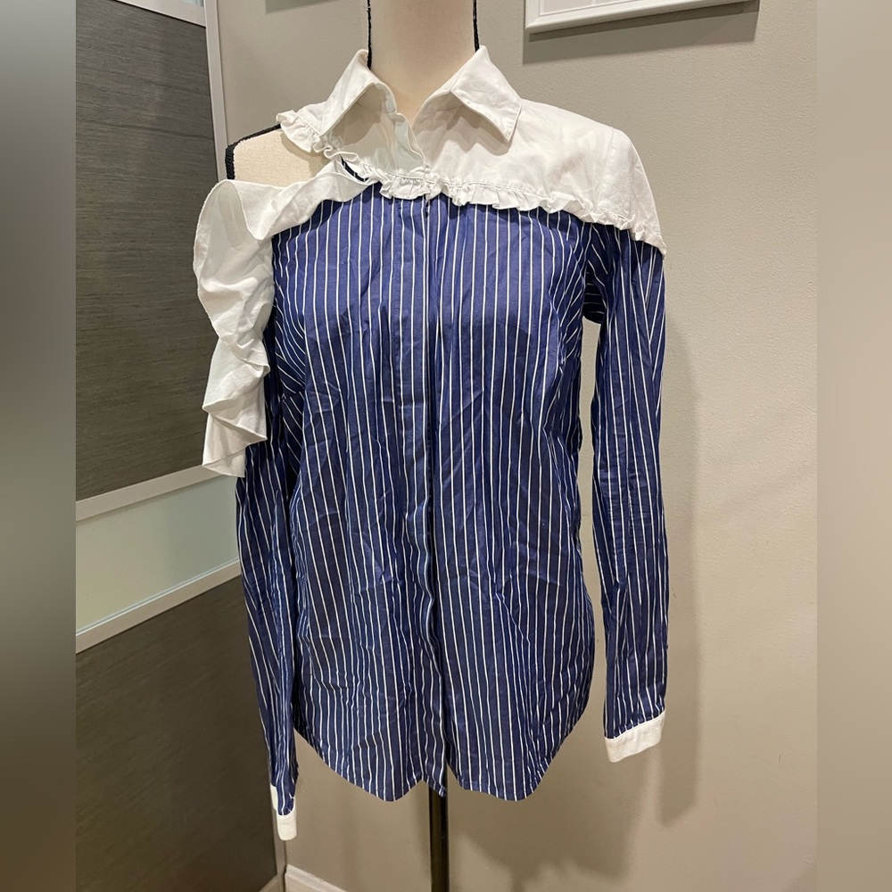 SANDY LIANG STRIPED OFF SHOULDER COTTON BUTTONS SHIRT SIZE 40